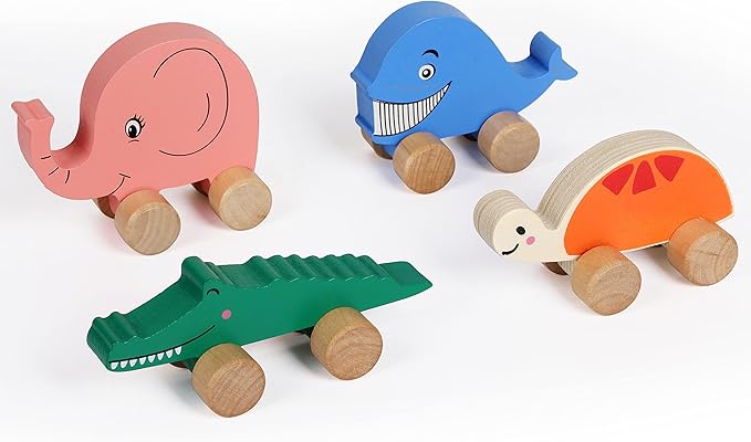 TOWO Wooden Cars for Toddlers - Animals on Wheels - Vehicles Sensory Grasping Motor Skill Toy –Push and Go First Trucks for Baby 12 Months 1 Year Old
