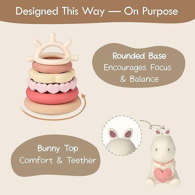 Moonkie Bunny Baby Stacking Toys | 7-Piece Silicone Rings for Teething Relief | Educational Toy for Infants & Toddlers 6 Months+ | Baby Shower or Birthday Gift for Girls