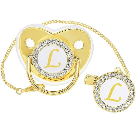 Bling Personalized Golden Baby Pacifier with Pacifier Clips and Anti-dust Cover A-Z 26 Letters(Gold,L)