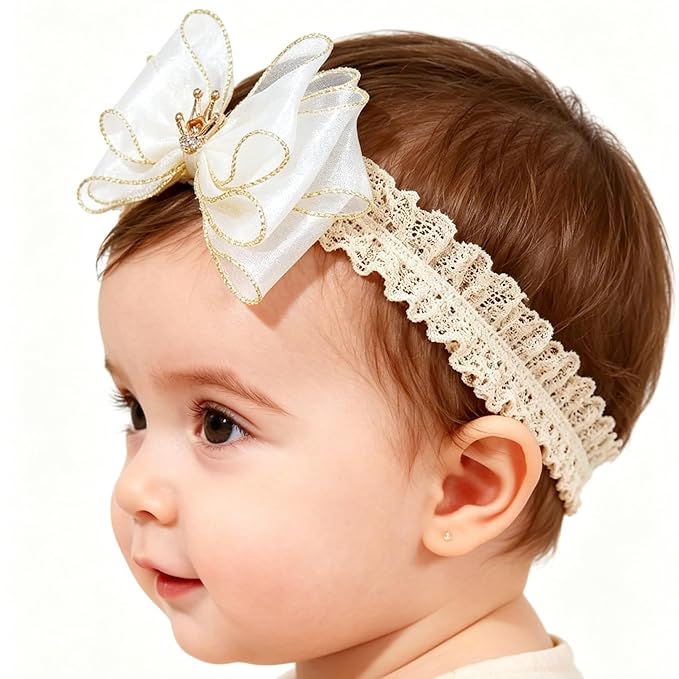 Handmade Baby Girl Headbands in Beige Baby Bows and Floral Lace Headband Bows for Newborns and Toddlers Cute Baby Girl Bows and Newborn Headband Bows