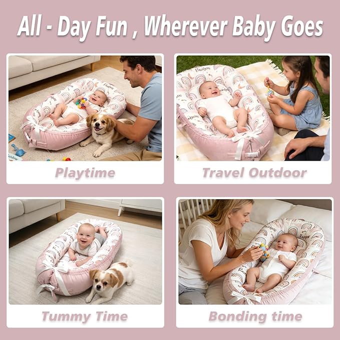 Baby Lounger-Breathable and Soft Organic 100% Cotton, Portable Infant Lounger with Removable Lounger Cover, Baby Nest Lounger for Newborn - Pink Rainbow