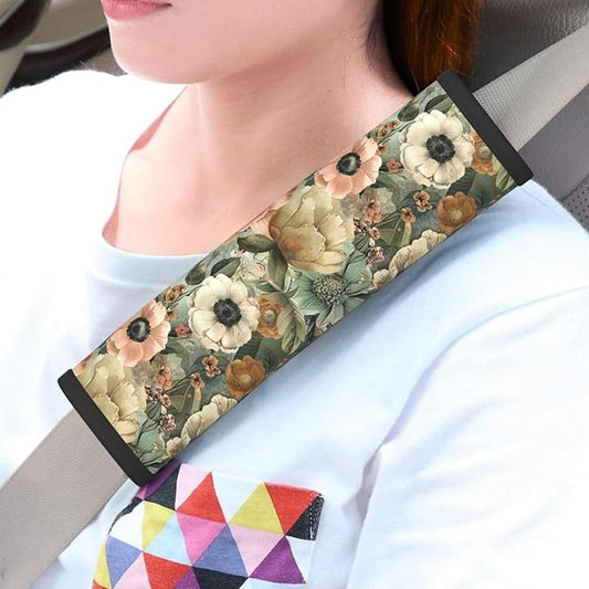2PCS Car Seat Belt Cover Boho Flower Cute Safety Seatbelt Shoulder Strap Covers Floral Breathable Soft Harness Pad Protect Rustic Vintage Seat Belt Cushion
