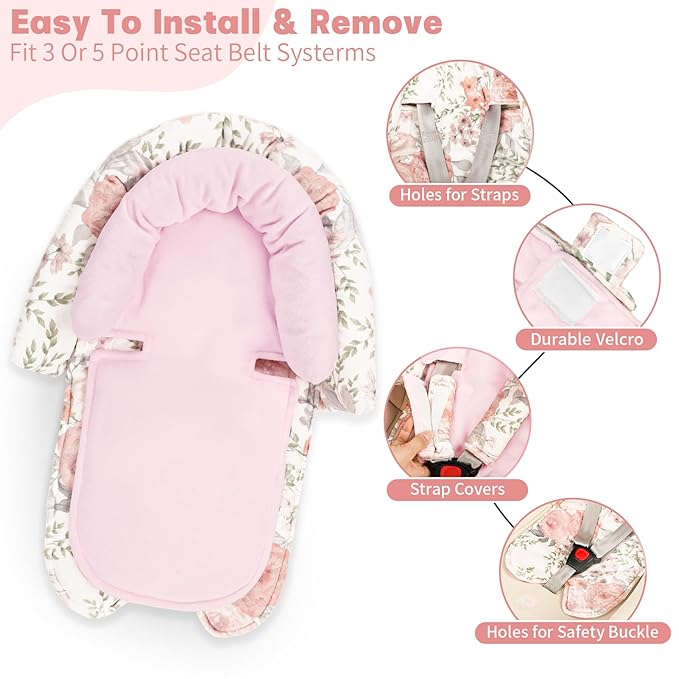 Infant Car Seat Insert, Baby Car Seat Head & Body Support with Strap Pads, Soft Newborn Preemie Carseat Insert Cushion for Girls Boys, Fits Car Seat, Stroller, Swing, Bouncer, Pink Floral
