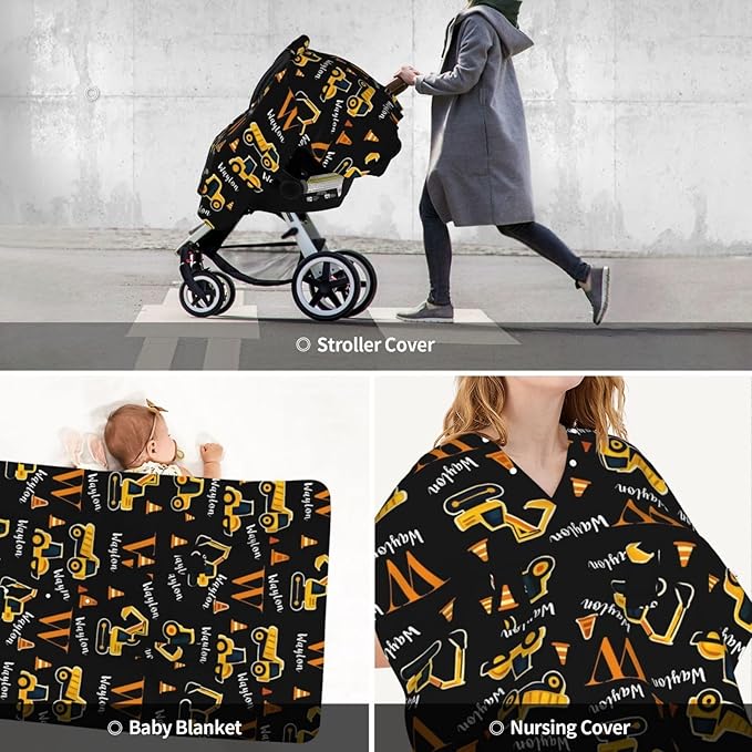 Customized Baby Car Seat Cover with Name, Personalised Engineering Vehicle Baby Carseat Canopy for Boys, Multi-use Nursing Breastfeeding Covers for Infant Newborn, Shower Gifts for Babies