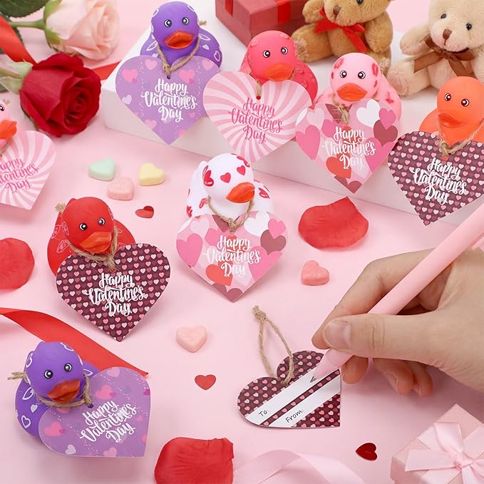 Jerify 24 Pcs 2 Inch Valentines Ducks for Kids Classroom Exchange Gifts Valentine's Day Rubber Ducks with Gifts Cards Mini Heart Rubber Duckies Valentines Party Favors Toys, 6 Styles (Popularity)