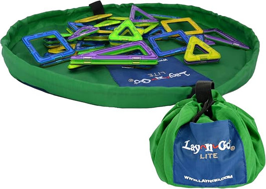 Lay-n-Go Layflat Portable Drawstring Cinch Storage Toy & Mini Figures Organizer & Play Mat, Mesh Pockets, Home & Travel, Kids & Toddlers Playdates, 2 Straps for Backpack, Durable, Machine Washable