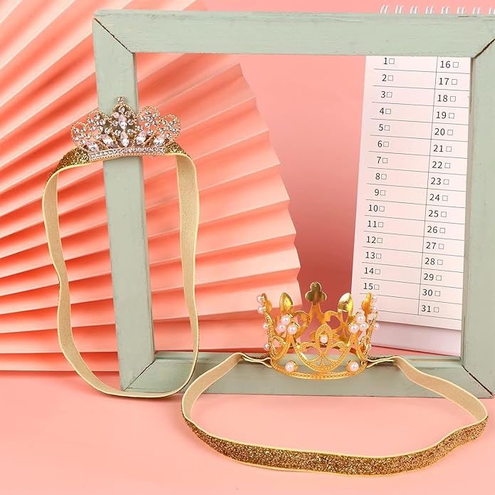 2PCS Gold Baby Tiara Glitter Baby Crown Headband Crystal Crown Hair Belt for Little Girl Infant Princess Tiaras Birthday Elastic Hair Band for Photography Headband Props