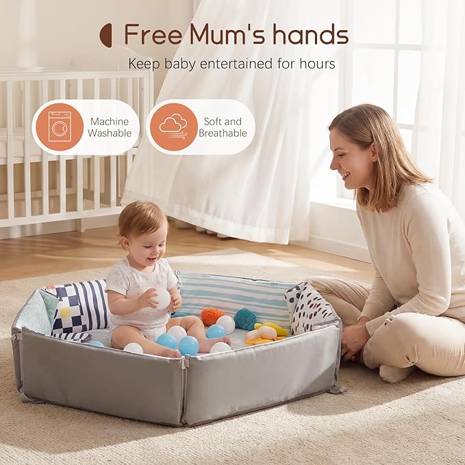 Baby Play Gym Activity Mat, 6 Developmental Zones Wooden Tummy Time Mat with 7 Detachable Sensory Toys for Motor Skill & Sensory Development, Baby Toys Gift for Toddler Infant 0-6-12-18 Month