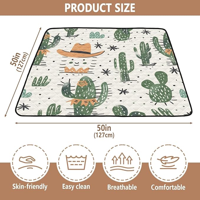 Baby Play Mat Green Cactus Cowboy Boho 50 x 50 Playpen Mat Baby Play Mats for Floor Play Gym Crawling Mat Non-Slip Cushioned Baby Playmat for Infants, Babies, Toddlers