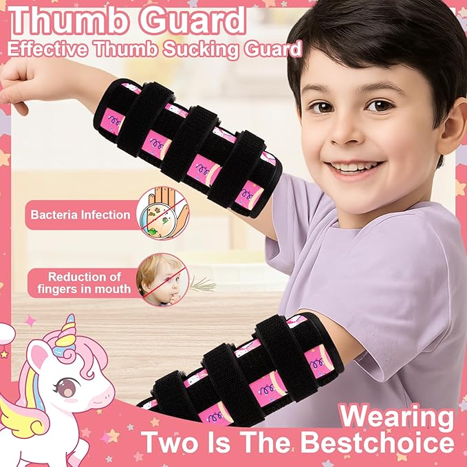 2 PCS Thumb Sucking Deterrent, Pink Pony Thumb Guard for Kids Toddlers Nail Biting Treatment, Anti Nose Picking, Scratching Face, Elbow Immobilizer for Boys Girls, Finger Sucking Prevention