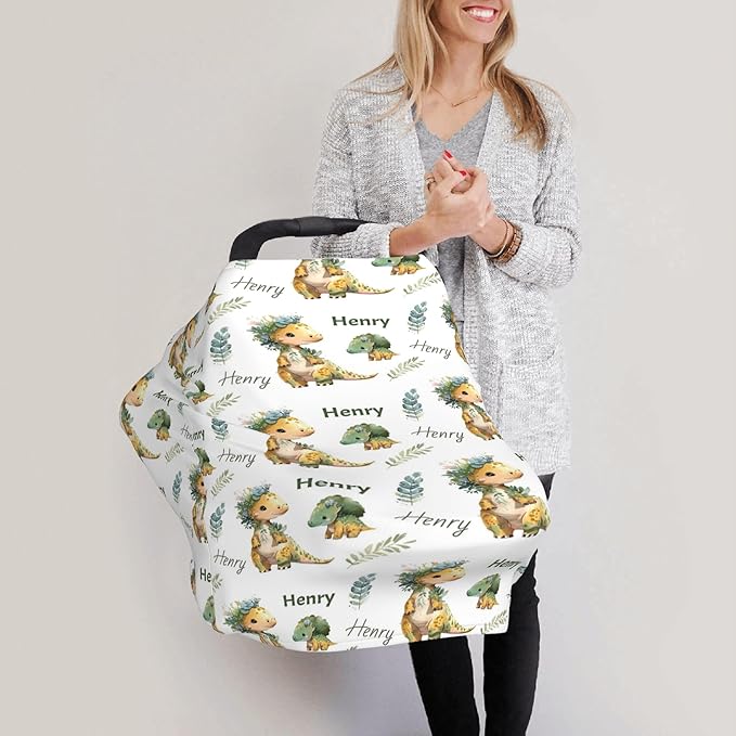 Personalized Dinosaur Baby Car Seat Cover with Name,Multi-Use Canopy for Nursing, Strollers,Shopping Carts,Customized Breastfeeding Cover, Full Privacy,Infant Stroller Cover