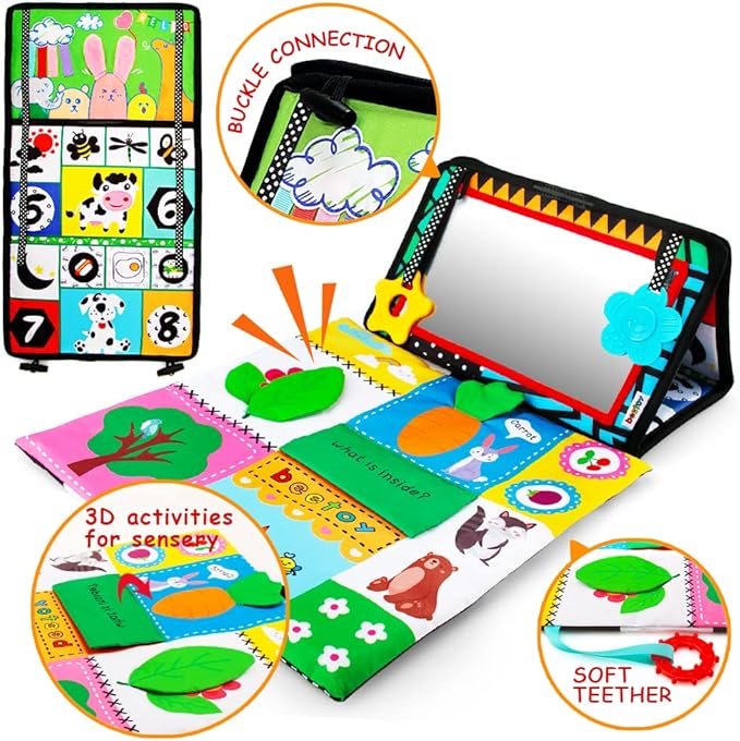 beetoy Tummy Time Toy for Infant, Newborn Sensory Toy 0 3 Months Baby Brain Development with Crinkle Mat Teether, High Contrast Baby Mirror Toys 2 4 5 0-6 Month Boys Girls Visual Muscles Shower Gifts