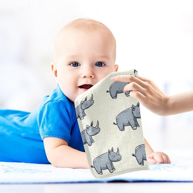 vvfelixl Cartoon Rhino Stick Figure Baby Burp Cloths Baby Muslin Washcloths for Boys Girls Cotton Babys Face Towel for Newborn Infants Soft and Absorbent 11.8 X 11.8 in, 5 Pack