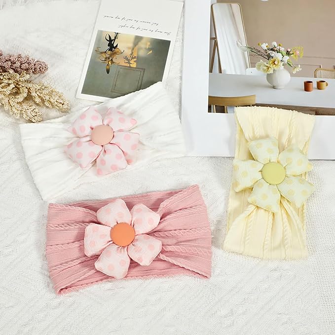MIUXUESO 3 Pcs Baby Flower Headbands Baby Girls Nylon Headband Soft Hairbands Hair Accessories for Newborn Infant Toddler Kids (Yellow Pink White)