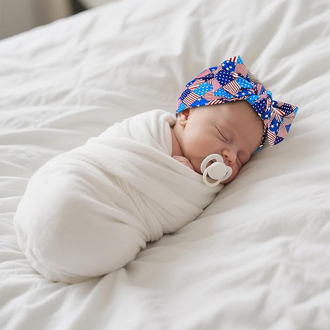 LemonSpace Handmade 4th of July Accessories,USA Baby Bows Premium Stretchy Soft Newborn Infant Baby Girls Boys Wraps Toddler Headbands Trendy and Classic Designs (Flag Star Print)