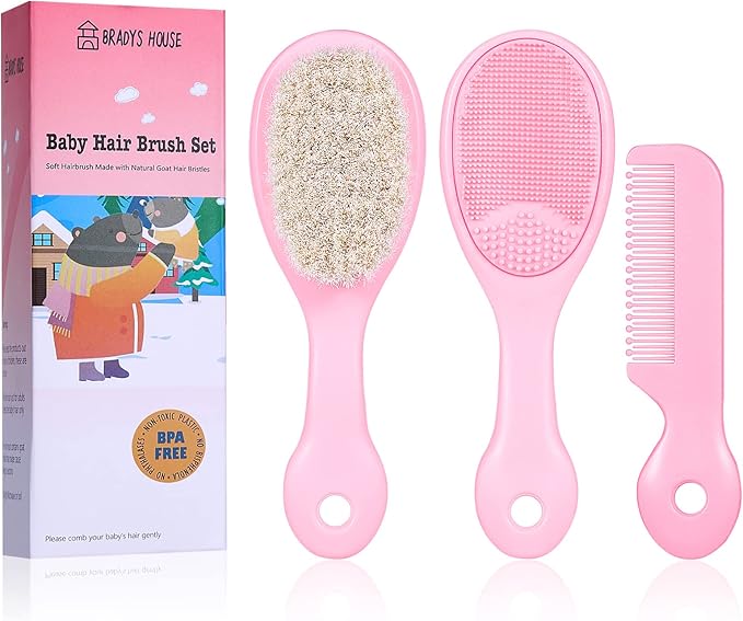 BRADYS HOUSE - 3 Piece Baby Hair Brush and Comb Set for Newborns and Toddlers (Pink)