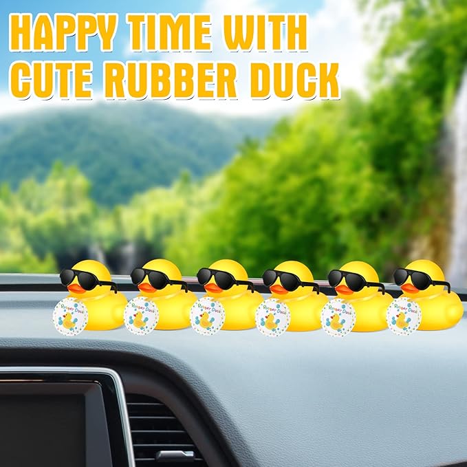Chivao 12 Pcs Mini Rubber Ducks with Sunglasses/ Glasses and Hats/ Necklace, Cruise Rubber Ducks in Bulk Valentine Gift Small Bathtub Toy for Hiding Party Favor(Card Style,Yellow)