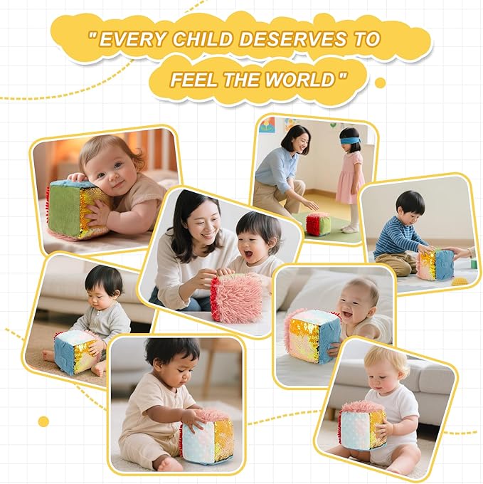 edusense Touch Cube for Toddlers, Soft & Plush Sensory Toy, High Contrast Activity Cube with Textures, Crinkle Sounds & Tags, Durable Baby Toy for Visual & Tactile Development 3+ Age