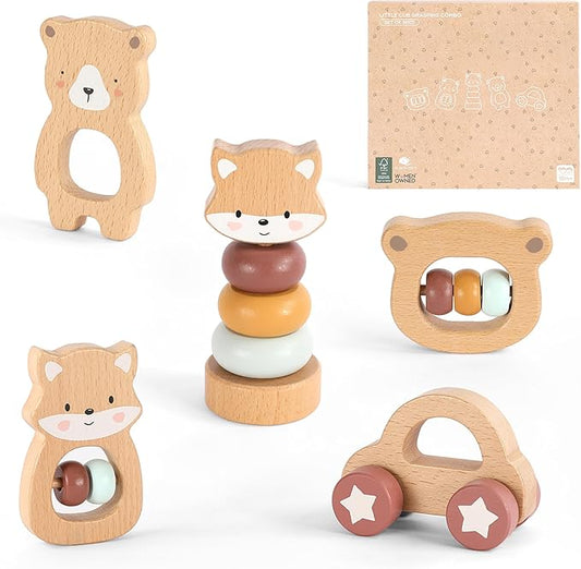 Freniland Wooden Montessori Toys, 5-Piece Wooden Baby Toys, Bear Baby Rattle, Fox Stacking Ring, Car Push and Pull Toys, Bear Grasping Toys,Newborn Baby Gift Sets for Boys and Girls