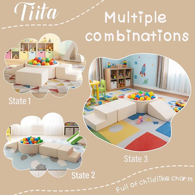 Tiita Climbing Toys with Ball Pit for Toddlers, 4-Piece Kids Foam Climbing Blocks for Baby, Activity Soft Climb and Crawl Playset Indoor Playground, Beige (Balls not Included)