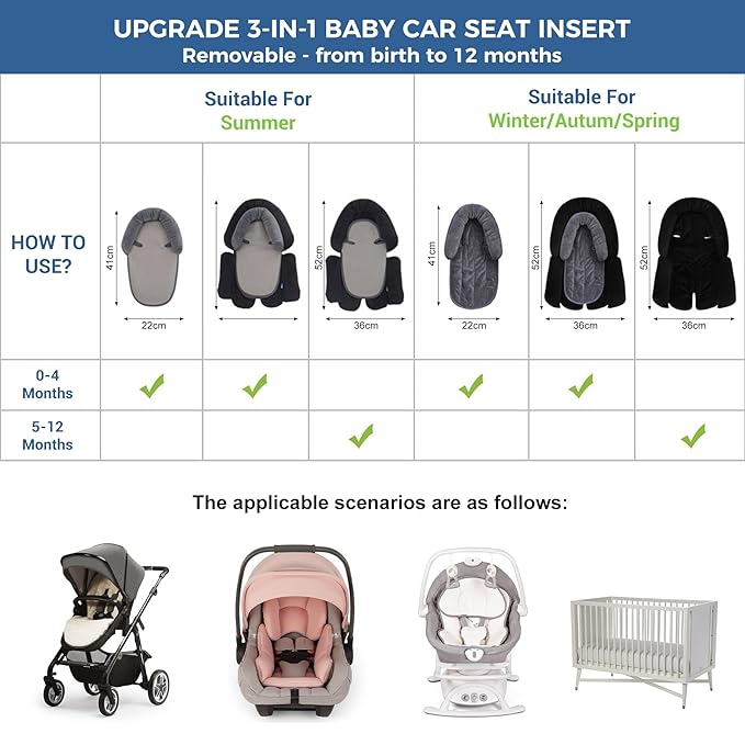 COOLBEBE Upgraded 3-in-1 Baby Body Support & Strap Covers Set for Newborn Infant - Extra Soft Car Seat Insert Cushion Pad, Perfect for Car Seats, Strollers, Swing, Black