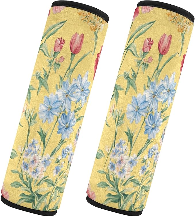 Car Seat Belt Pads Covers 2 Piecing Soft Child Safety Seat Shoulder Strap Cover for Women Men Kids M Florals Carnation Delphinium Flower Yellow