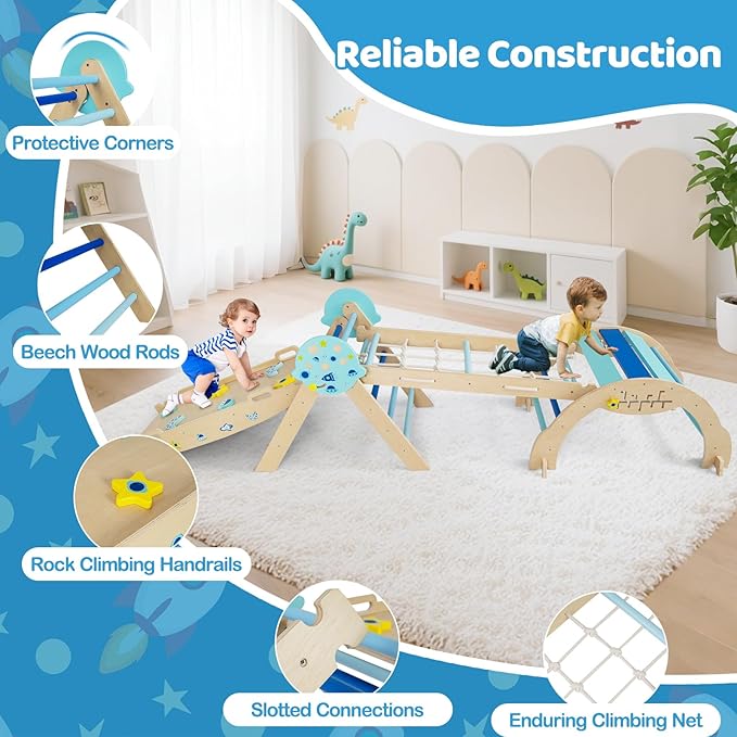 Costzon Pikler Triangle Set, 9-in-1 Foldable Baby Climbing Toys, Wood Montessori Climbing Set for Learning and Motor Skills, Indoor Playground Jungle Gym for Toddlers 3+ Climber Gifts (Blue)