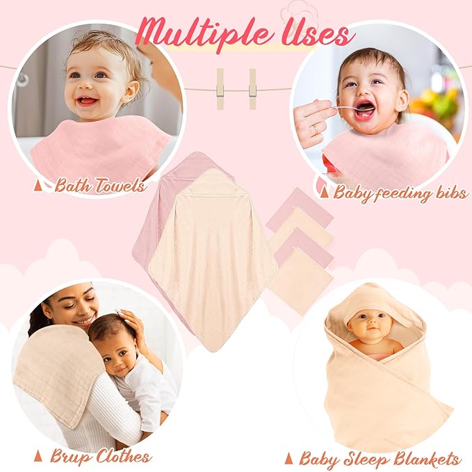 Preboun 6 Pcs Muslin Hooded Baby Towels and Washcloths 32"x 32" Cotton Newborn Bath Towel Anti-Shrink Infant Baby Blankets with Hood 12"x 12" Washcloths for Girl Boy Toddler(Ivory,Pink)