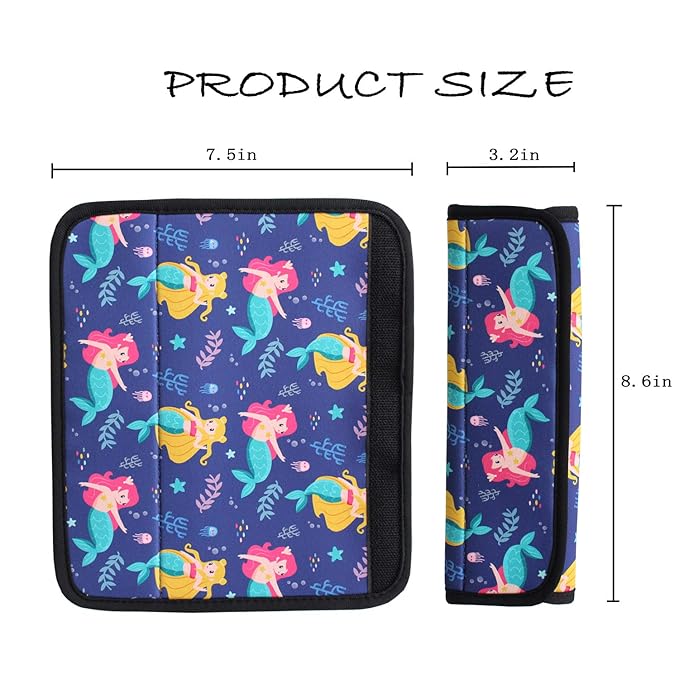 2 Pack Seat Belt Covers for Kids, FRRIOTN Soft Comfort Seat Belt Cushion for Children, Cute Cartoon Pattern Car Seat Belt Pads Cover for Girls and Boys (Mermaid)