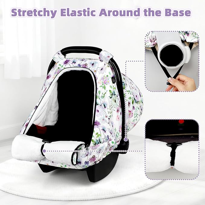 Winter Car Seat Cover Baby, GFU Warm Carseat Cover for Babies, Universal Infant Car Seat Canopy Waterproof, Cold Weather Shield Coats Purple Flowers