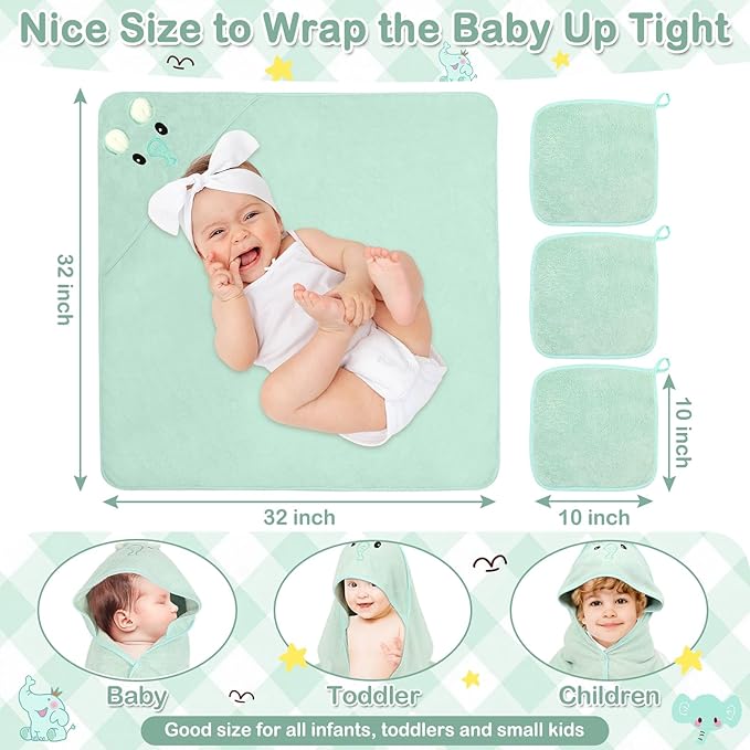 Sublaga 4 PCS Baby Towel Set, Hooded Bath Towel for Infants, Toddlers and Kids, Soft Animal Baby Bath Towels & 3 PCS Washcloths, 32x32 in Hooded Baby Bath Towel for Boy and Girl (Green Elephant)