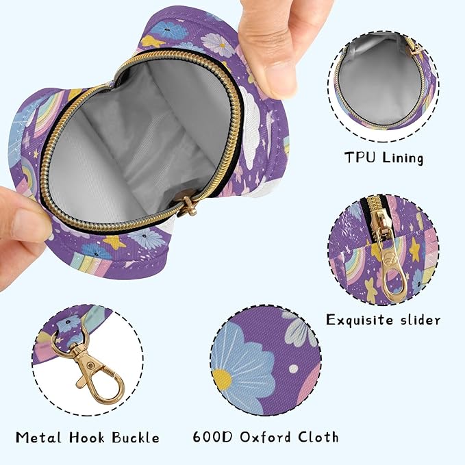 Pacifier Holder with Clip Pacifier Case for Diaper Bag Round Baby Pacifier Pouch Box Bag Portable Cute Purple Rainbows Stars Flowers
