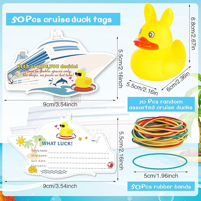 150 Pcs Cruise Ducks Tags Kits Includes 50 Pcs Cruising Ducks with 50 Pcs Cruise Duck Tags and 50 Pcs Rubber Bands Random Assorted Rubber Ducks for Cruise Ship Hiding Ducks