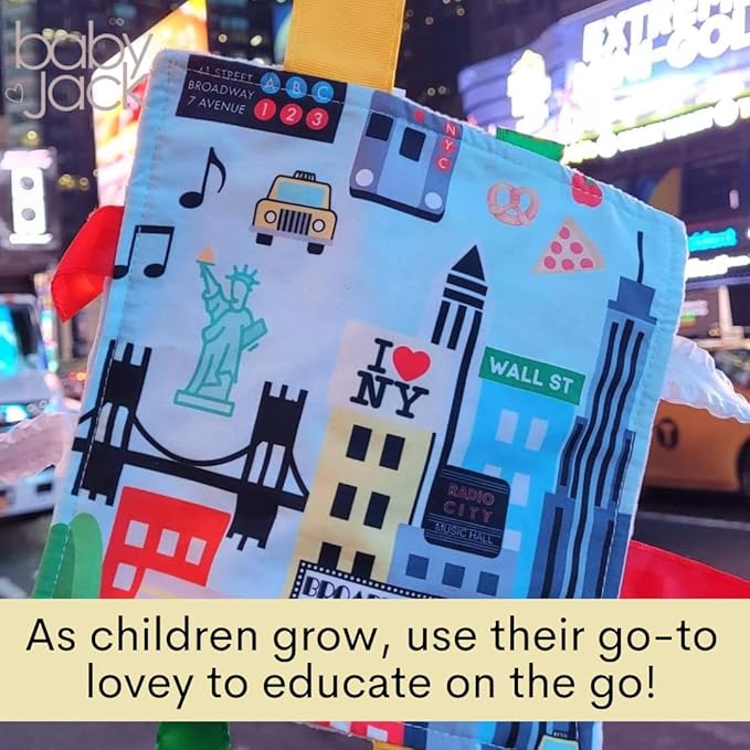 Baby Jack & Co 8x8” Learning Lovey NYC New York Tag Toys for Babies - Baby Crinkle Toys - Soft & Safe - Learn USA Cities and Shapes - Ideal Baby Toy & Gift BPA Free w/Stroller Clip