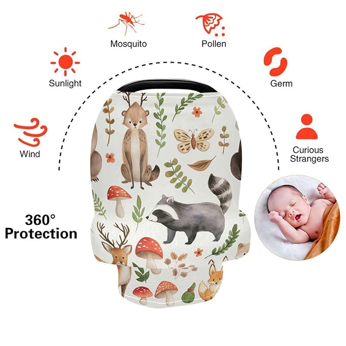 Blueangle Cute Woodland Animals Baby Car Seat Cover Canopy Stretchy Soft Nursing Breastfeeding Cover Multi-Use Breathable Stroller Cover, Mother's Day Gifts