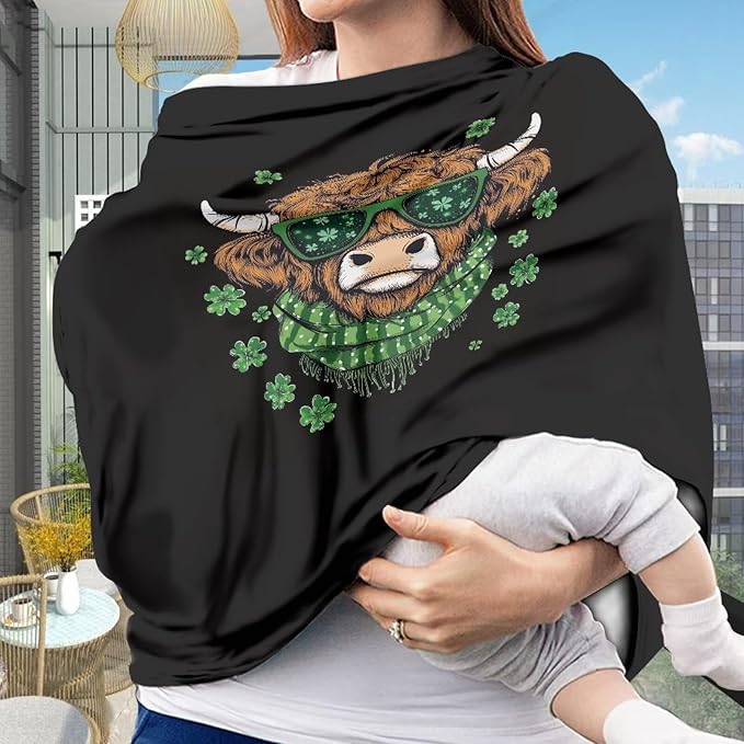 Wanyint Stretchy Baby Car Seat Covers Carseat Canopy Baby Breastfeeding Stroller High Chair Shopping Cart Cover for Girls Boys for Saint Patrick's Day Decor, Highland Cow Clover Black