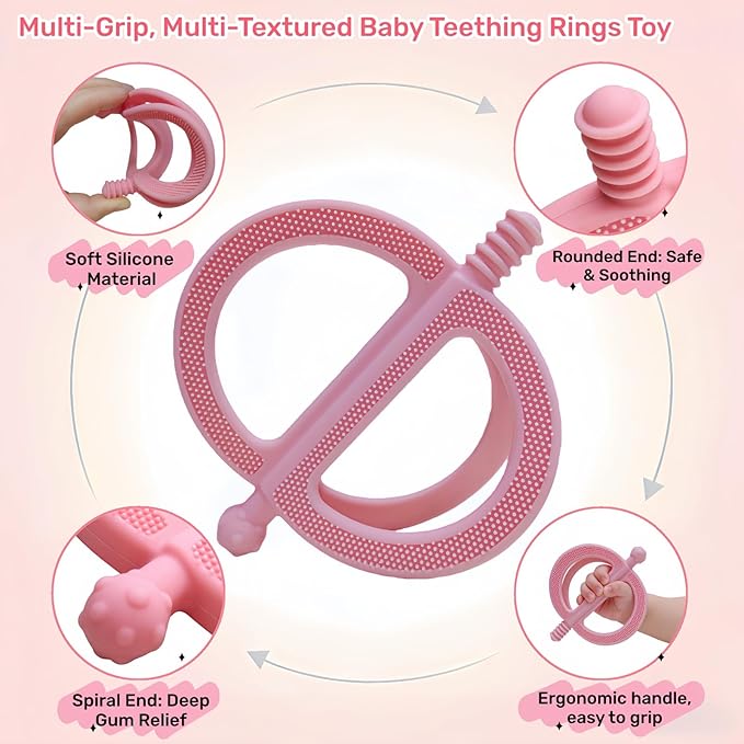 2-Pack Baby Teething Toys, Food Grade BPA-Free Silicone Baby Teether for 3-18 Months, Ring-Shaped Teething Toy for Babies, Multi-Textured Choke-Proof Easy Grip Teether for Infants (Pink&Yellow)