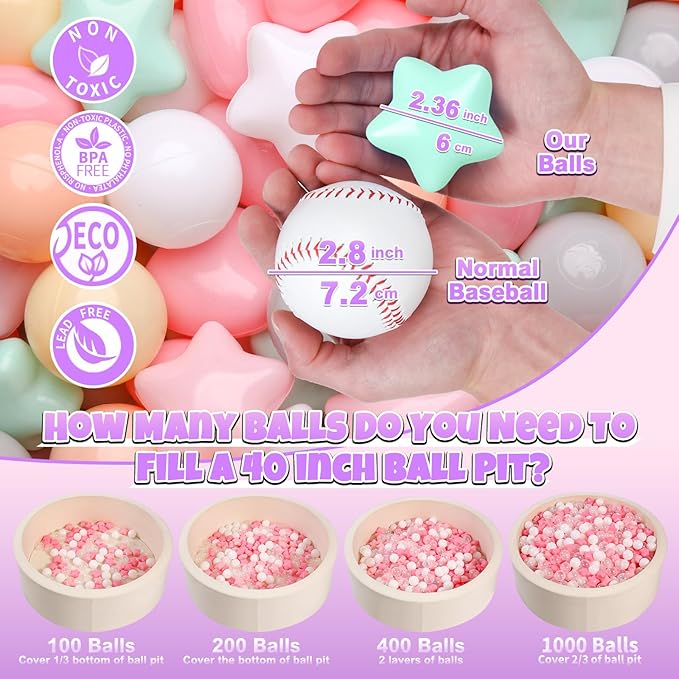 GOGOSO Ball Pit Balls,Plastics Balls for Ball Pit, Stars Hearts Shape for PastelBall for Toddlers Kids