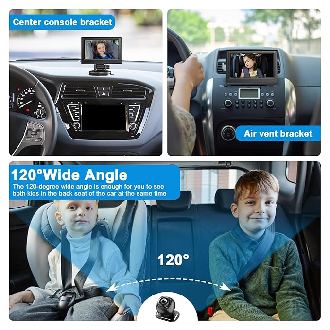 USB Baby Car Camera Plug-Play，4.3" HD Night Vision Function Car Mirror Display，360 Rotation Rear Facing Baby Monitor with Camera Night Vision，Wide Clear View，Easily Observe The Baby's Move，Dark Black