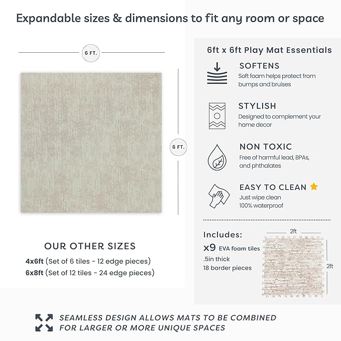 Little Landings Baby Play Mat for Floor - Sandstone (6x6ft) - Premium EVA Foam Play Mat for Babies & Toddlers (Ages 0-5+) Non-Toxic Playmat for Tummy Time, Crawling & Playroom - Stylish & Comfortable