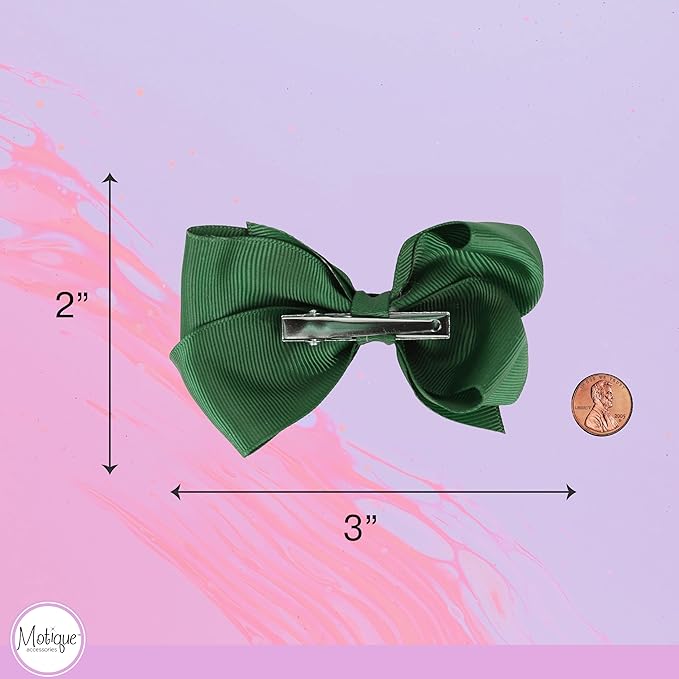 3 Inch Grosgrain Bow for Little Girls- Set of 2 (Forest Green)
