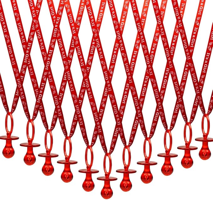 36 Pieces It's a Girl Baby Shower Pacifiers Necklace Acrylic Baby Party Favors Charm Pacifiers Necklace Baby Shower Party Decorations Table Scatter (Red)