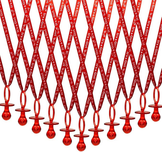 36 Pieces It's a Girl Baby Shower Pacifiers Necklace Acrylic Baby Party Favors Charm Pacifiers Necklace Baby Shower Party Decorations Table Scatter (Red)