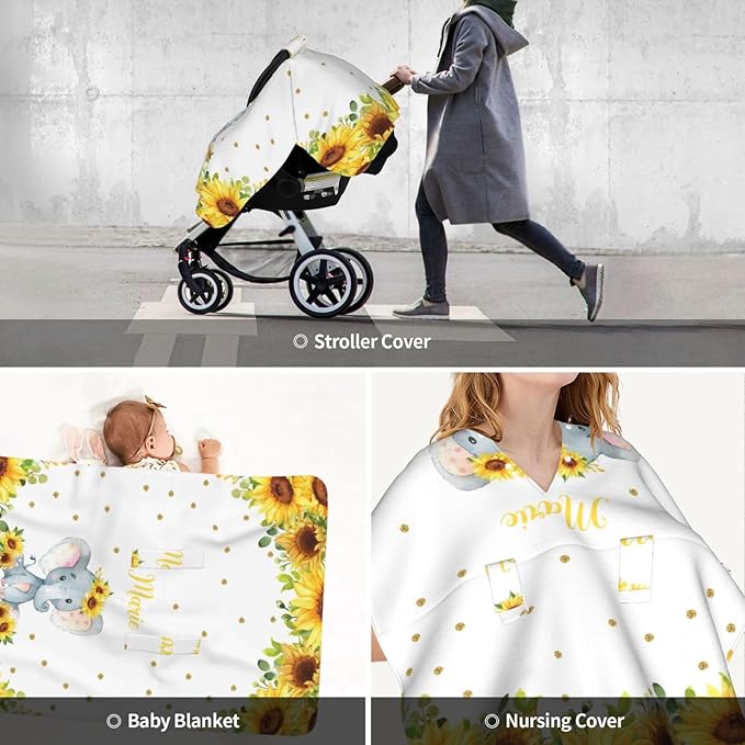 Personalized Baby Car Seat Canopy for Babies, Custom Name Car Seat Covers for Baby Girl, Sunflower Elephant Opening Minky Nursing Breastfeeding Cover for Infant, Carseat Canopies for Newborn