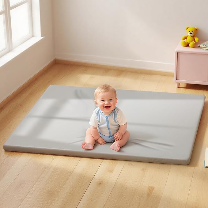 Vegan Leather Baby Play Mat, 50x50 Thicken Foam Cushioned & Waterproof Playpen Mat for Infants and Toddlers, Extra-Large Tummy Time Mat for Tummy Time Training and Early Walking, Light Gray