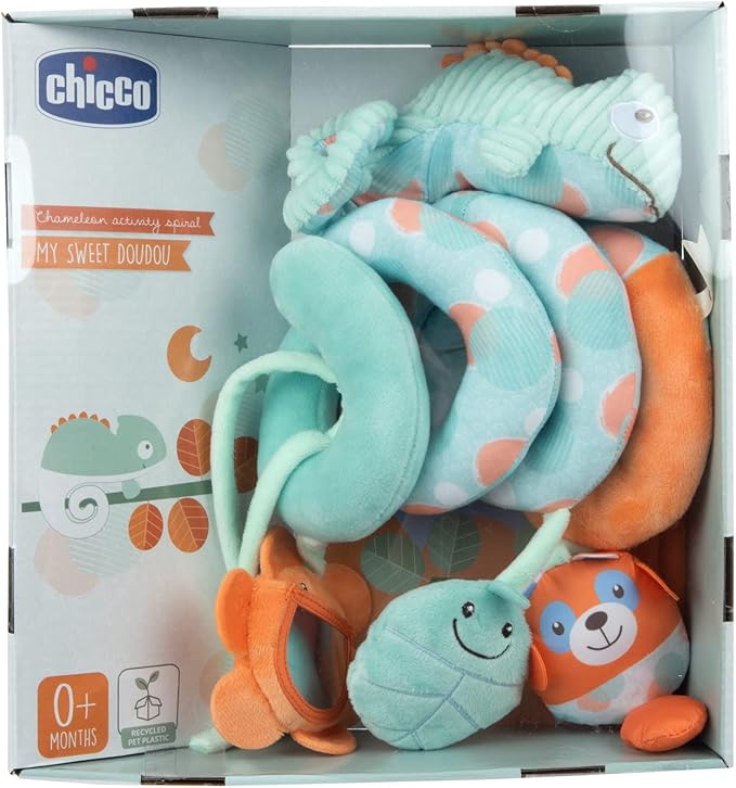 Chicco Chameleon Activity Spiral, Stroller Toy, From 0 Months, Leaf with Crinkle Effect, Flower Shaped Mirror, Recycled Plastic Packaging