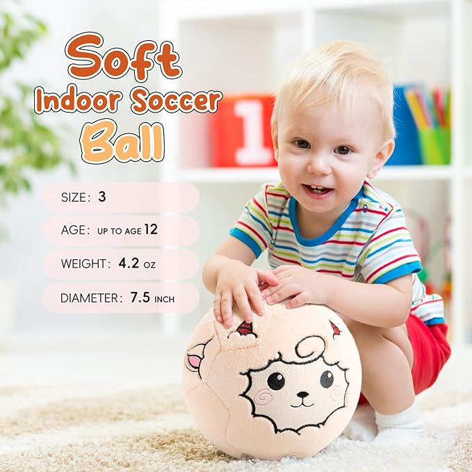 VangeBow Silent Indoor Soccer Balls for Toddlers 1-3, Inflatable Soft Plush Baby Toddler Soccer Ball Toys Gifts for Kid 3-5 Year Old Boy Girl First Birthday Gift (Sheep, Pump Include)