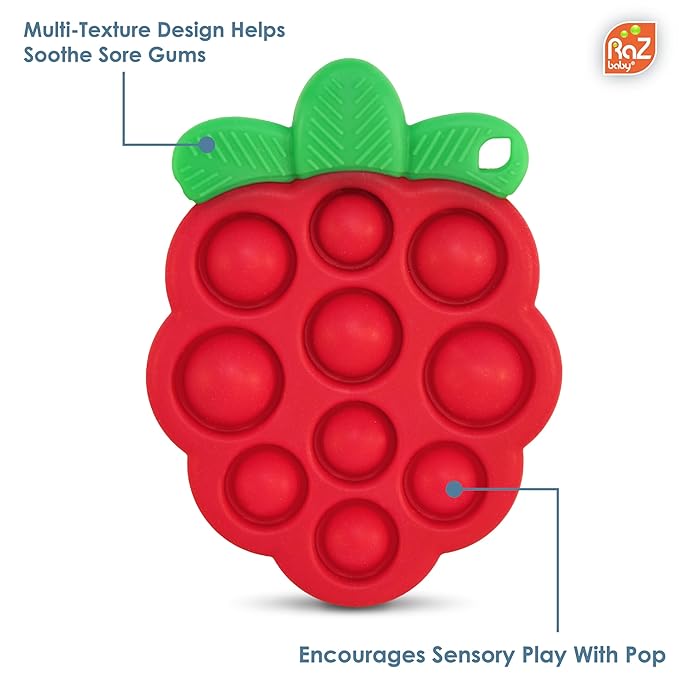 RaZbaby Silicone Infant and Baby Teething Toy Bundle - 3m+ - Soothe Sore Gums Back & Front with Natural Fruit Shape Designs