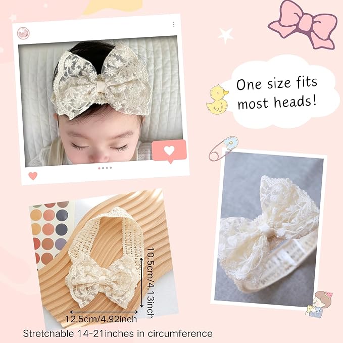 Lace White Bow-knot Baby Girls Headband Birthday Shower Infant Wrap Elastic Flower Baby Turban Hairband for Newborn Infant Toddler Kids (Ivory A, Elastic)