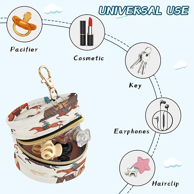 Pacifier Holder with Clip Pacifier Case for Diaper Bag Round Baby Pacifier Pouch Box Bag Portable Beige Western Cowboy